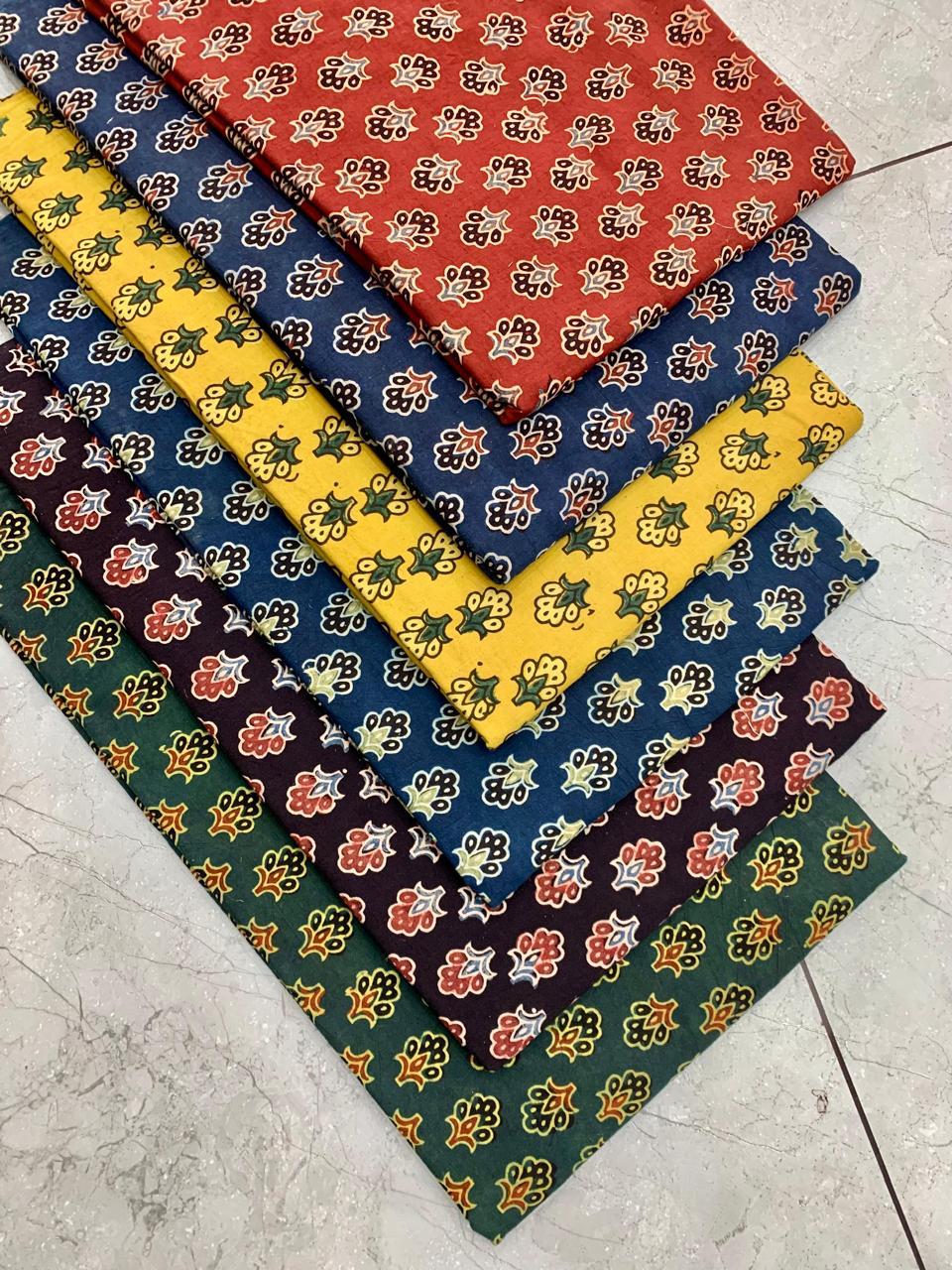 Ajrakh pure cotton handblock printed fabric with multicolour rose-inspired motifs